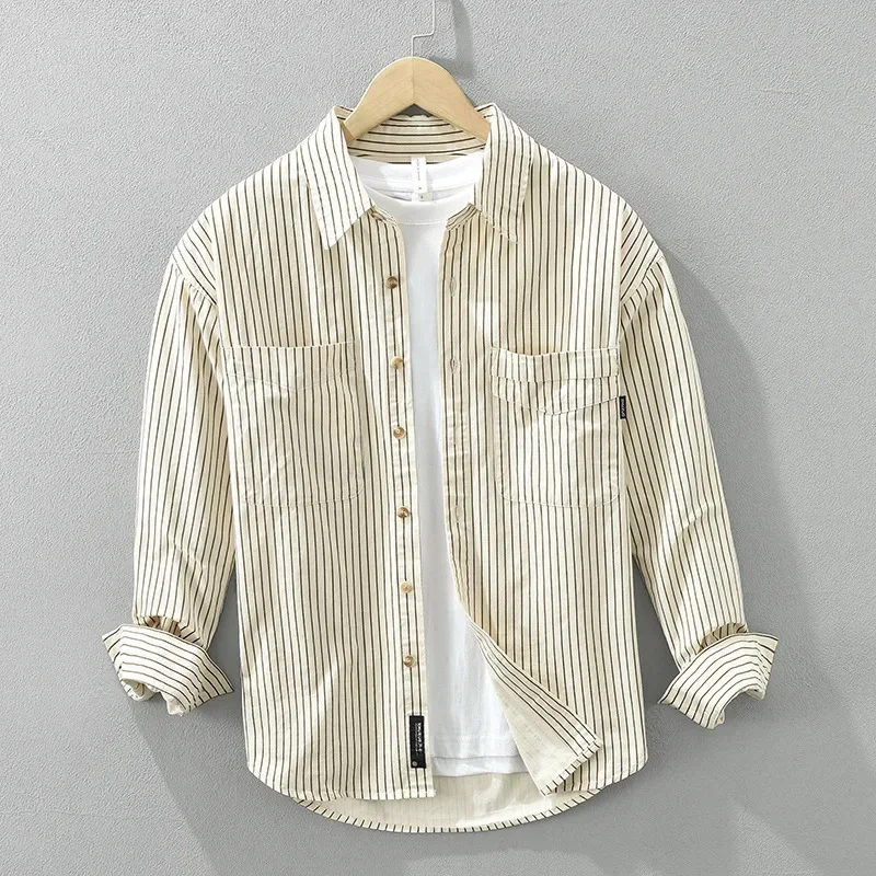 

Spring Fall Retro Striped Shirt Men Long Sleeve Daily Casual Shirts Man Double Pocket Apricot Shirt 100%Cotton Button Up Shirt