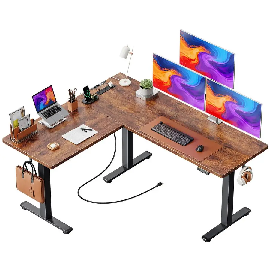 

L Shaped Standing Desk with Power Outlets, 63 x 55 Inch Height Adjustable Computer Desk for Bedroom, Corner Stand up Desk for H