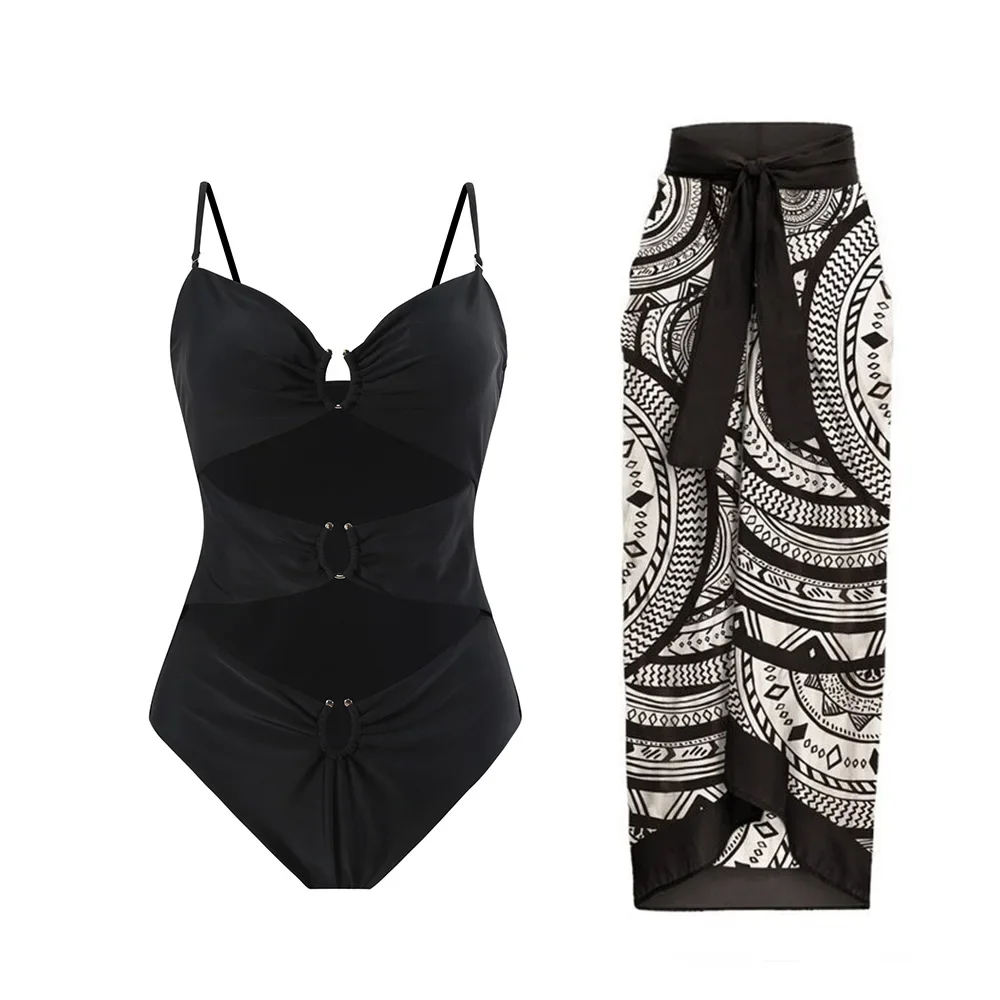 2025 Sexy One Piece Swimsuit Women Hollow Out Bathing Suit with Long Skirt Femme Beach Monokini Female Brazilian Swimming Suits