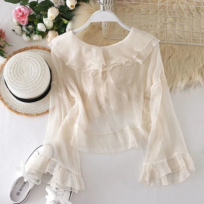 Chic Flare Sleeve Sun Proof Blouse Women Elegant Thin Sweet Shirt Korean Fashion Casual Lace Up Female Summer Sexy Cropped Tops