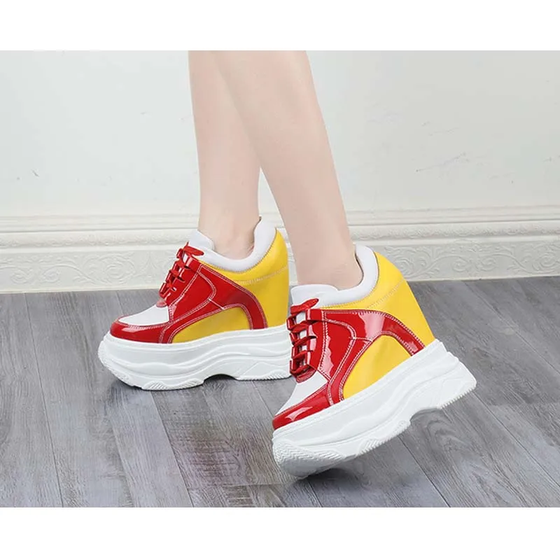 Women Sneakers Genuine Leather Thick Sole High Platform Height Increasing 14CM High Heels Wedges Pumps Lady Outdoor Casual Shoes