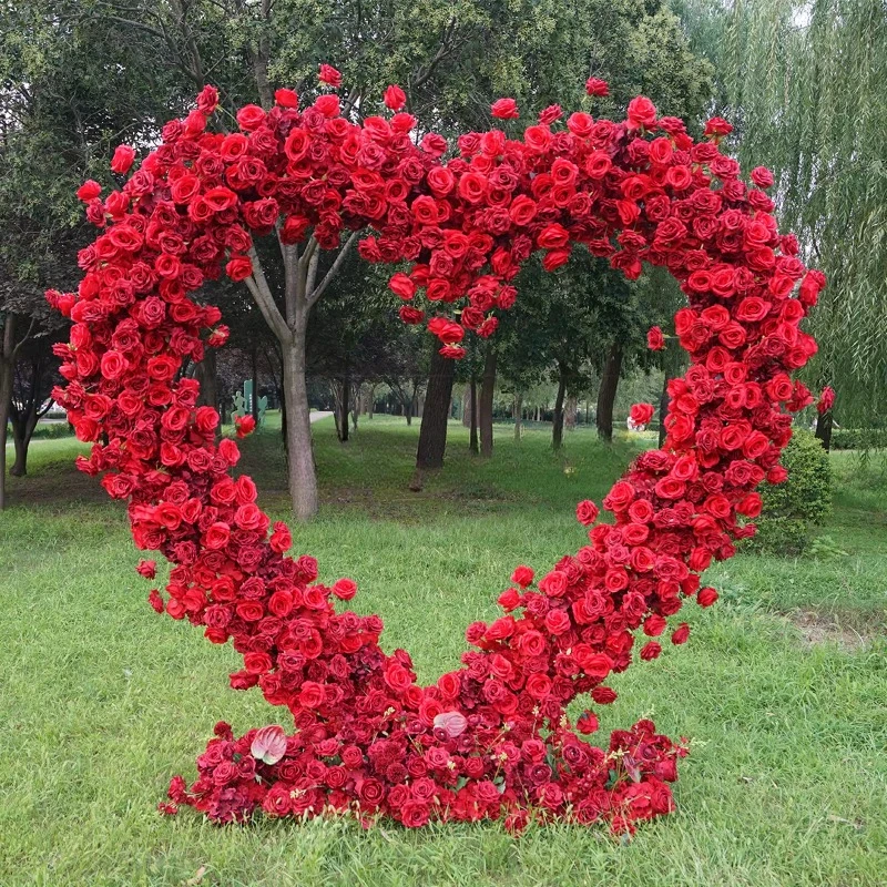 Silk red rose heart arched bracket artificial flower arrangement background wedding event decoration