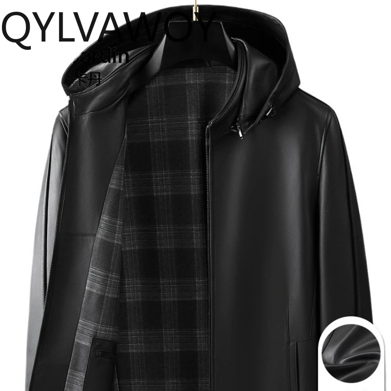 

QYLVAWOY 2025 Autumn Winter New Real Sheepskin Men's Leather Jacket Hooded Business Outerwear jaqueta de couro masculino LJ2629