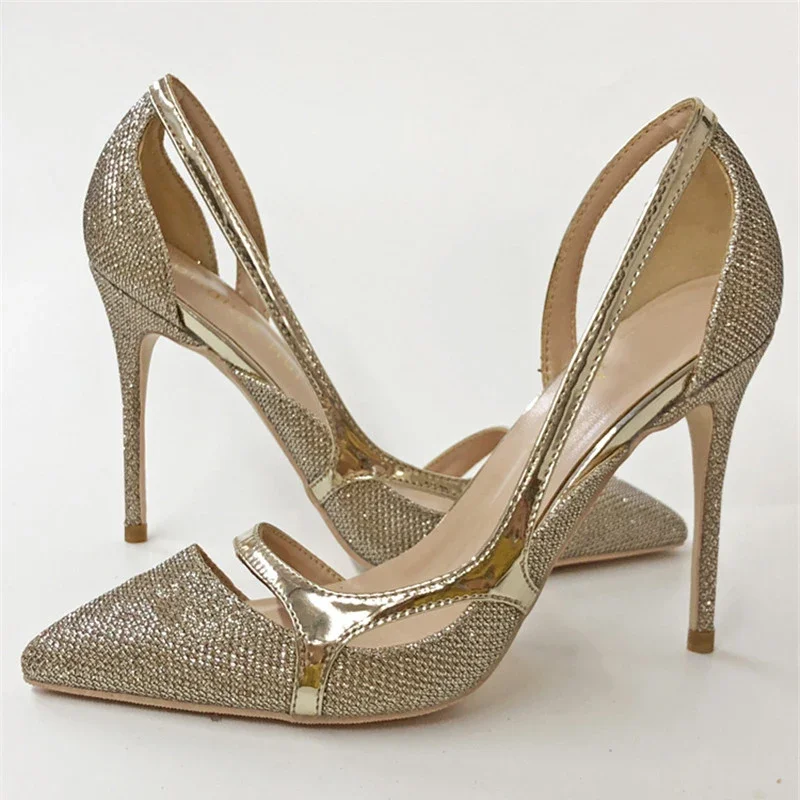 Veowalk-Escarpins À Talons Hauts D'Orsay Pour Femme, Chaussures De Mariage, À Paillettes Dorées, Pointues, Brillantes, 12cm, 10cm