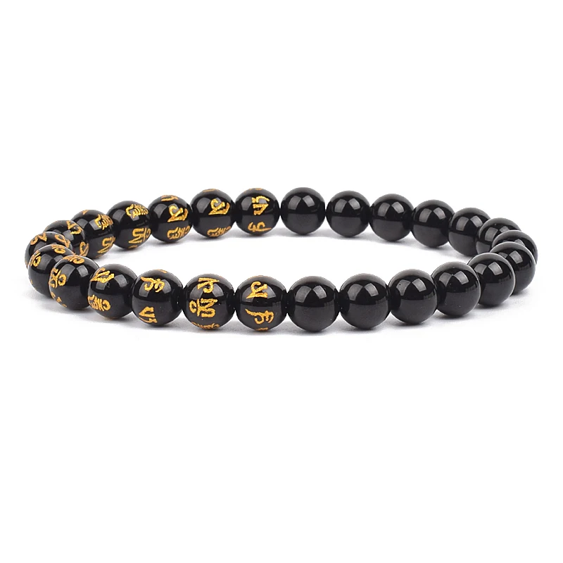 Feng Shui Black Obsidian Stone Beads Bracelet Wristband Good Luck Mantra Bead Wealth Onyx Matte Agates Obsidian Bangles