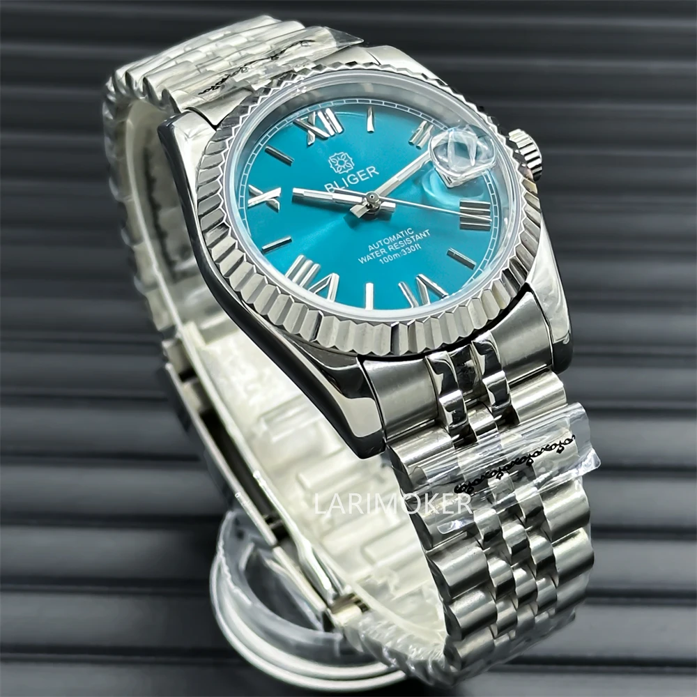 Bliger-Men's Sapphire Glass Bracelet, recesso bisel, Roman Index, Sun Dial, Jubileu de Prata, NH35A, 36mm, 39mm