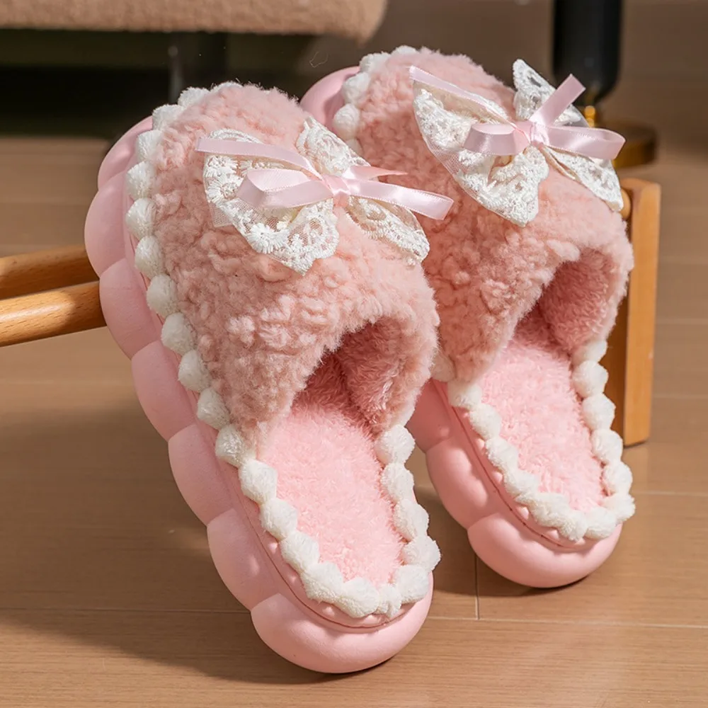 

Sweet Bowknot Winter Cotton Slippers Fleece Lined Lace Trim Warm Fluffy Shoes Anti-slip Warm Household Slippers Indoor