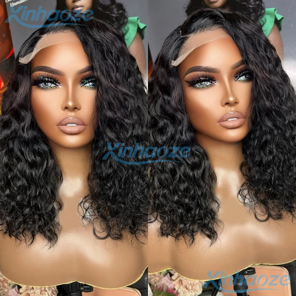 

Right Side Part Water Wave #1 Jet Black Glueless Human Hair 5x5 Silk Top Lace Closure Wigs Pre Plucked 360/13x6 Lace Front Wigs