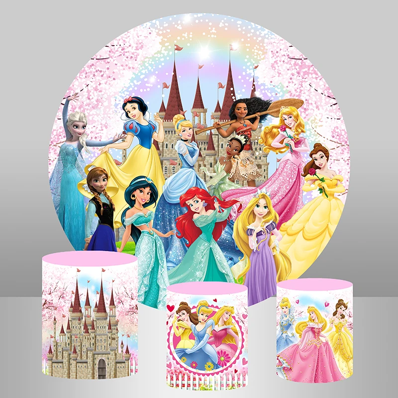 Disney Princess Round Backdrop Cover Girls Happy Birthday Party Decoration Polyester Elastic Baby Shower Circle Background