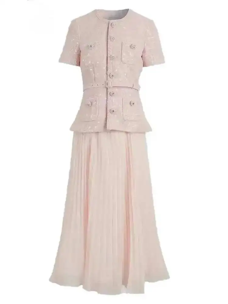QMQA Fashion Women's Elegant 2 Pcs Set O Neck Short Sleeve Sequins Tweed Belt Coat High Waist Pleated Skirts Sets 2024 New 1A115 - view 5