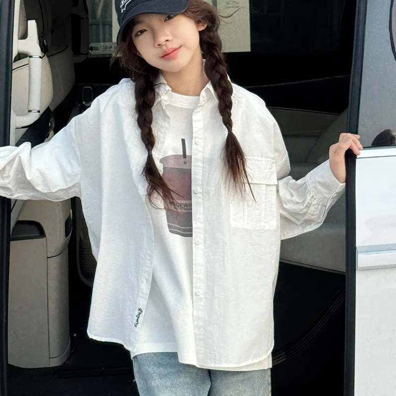 

2025 Autumn Children Girls T-shirt Simple Color Versatile Teenager Girls Top Turn Down Collar Single-breasted Kids Girls Shirt