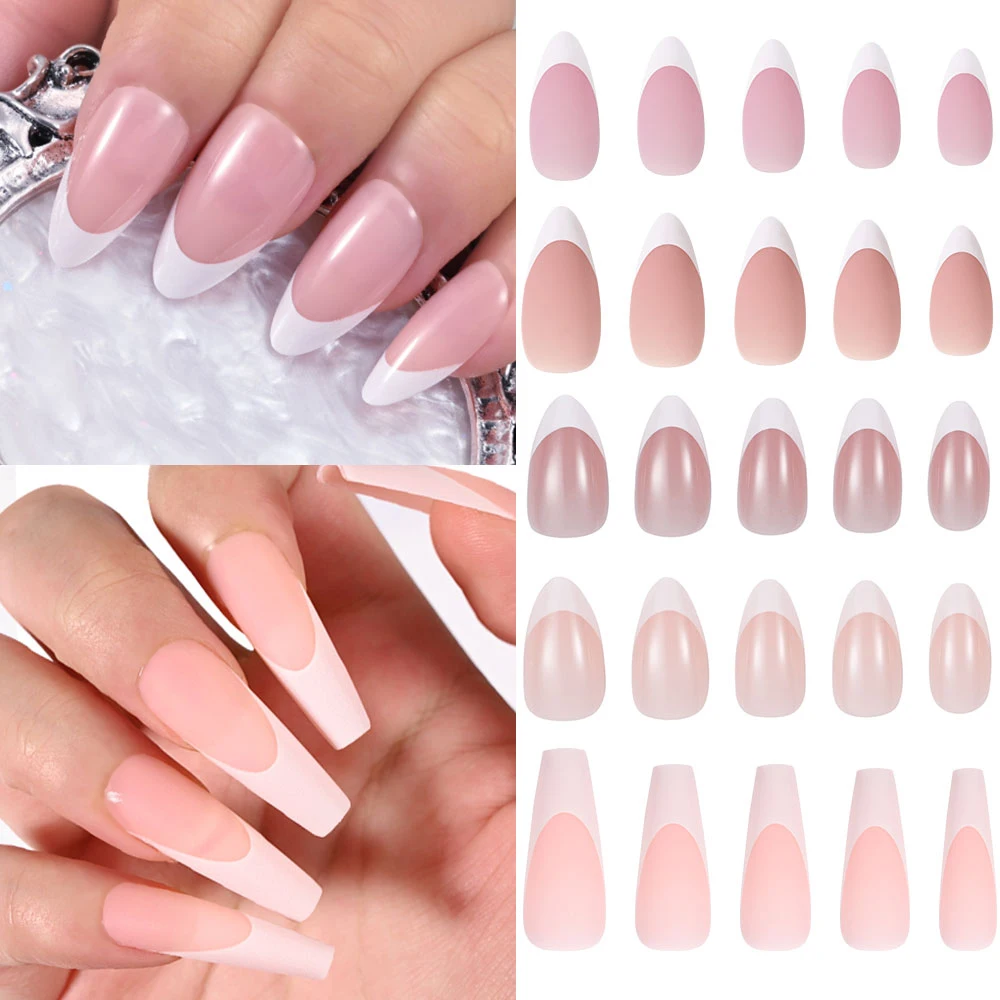 132PCS French Tip Press on Nails 12 Sizes 5 Colors Medium Shape Pre-french Soft Gel Nail Tips Ultra Fit Full Cover Fake Nails *&