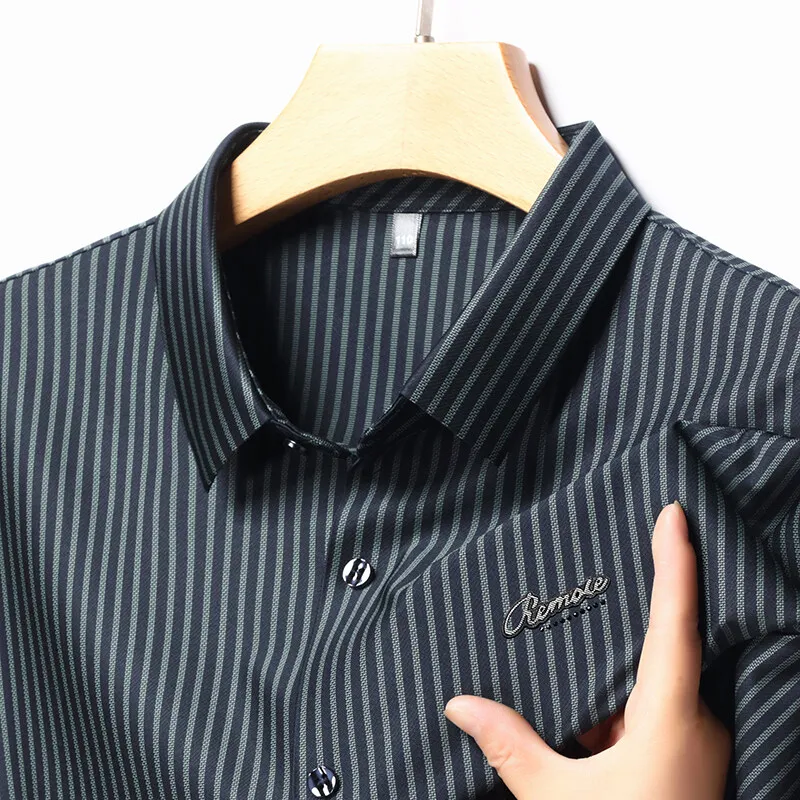 

2025 Summer Fashion Casual Men's Shirts Classic Stripes Business Slim Fit Lapel Shirt Social Office Men Clothing