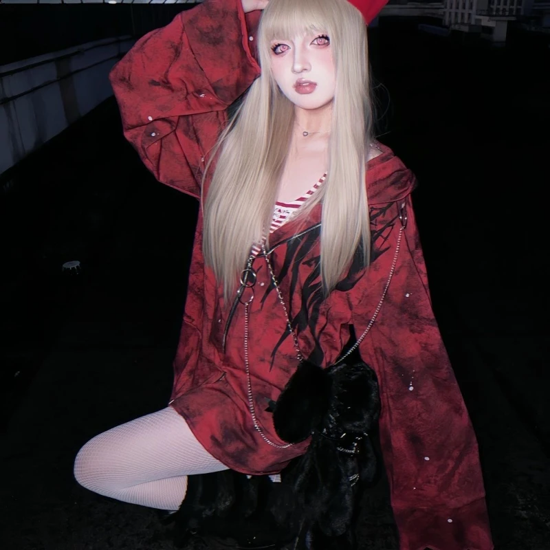 Harajuku القوطية الجرونج خمر زمم هوديس 2000s طويلة الأكمام ثقافة فرعية مقنعين البلوز طباعة الخريف الشتاء معطف فضفاض شيك