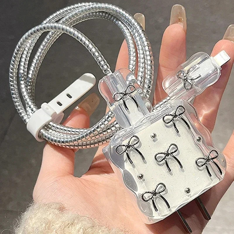 For Apple Iphone 18W/20W Adapter Charger Case Data Cable Protector Charging Head Shell Cute Shining Bowknot Cable Sleeve Set