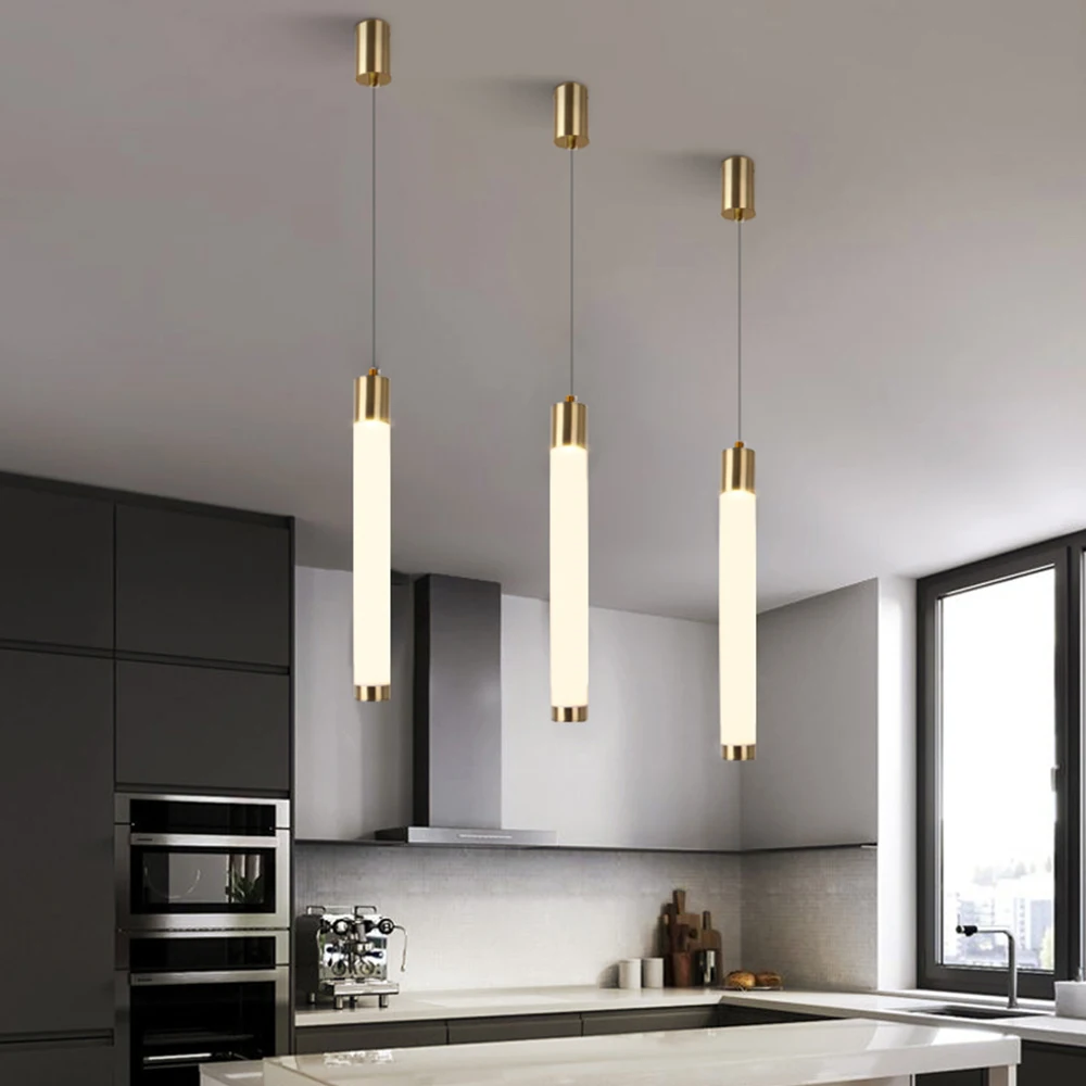 

Nordic LED Chandelier Pendant Light Gold Cylindrical Long Tube Lamp for Restaurant Kitchen Island 360 Degree Luminous