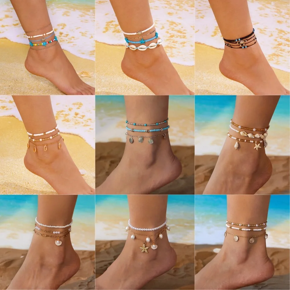Boho Ocean Layered Ankle Bracelet Set, Starfish Shell Pearl Beaded Multi-pack Summer Beach Adjustable Anklet Foot Jewelry