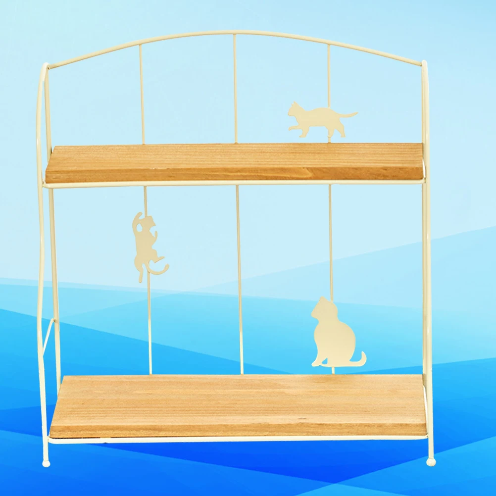 

Cute Cat Design Double Layer Storage Rack Adorable Metal Organizer For Home Kitchen Bathroom Desktop Shelf Rack Beige