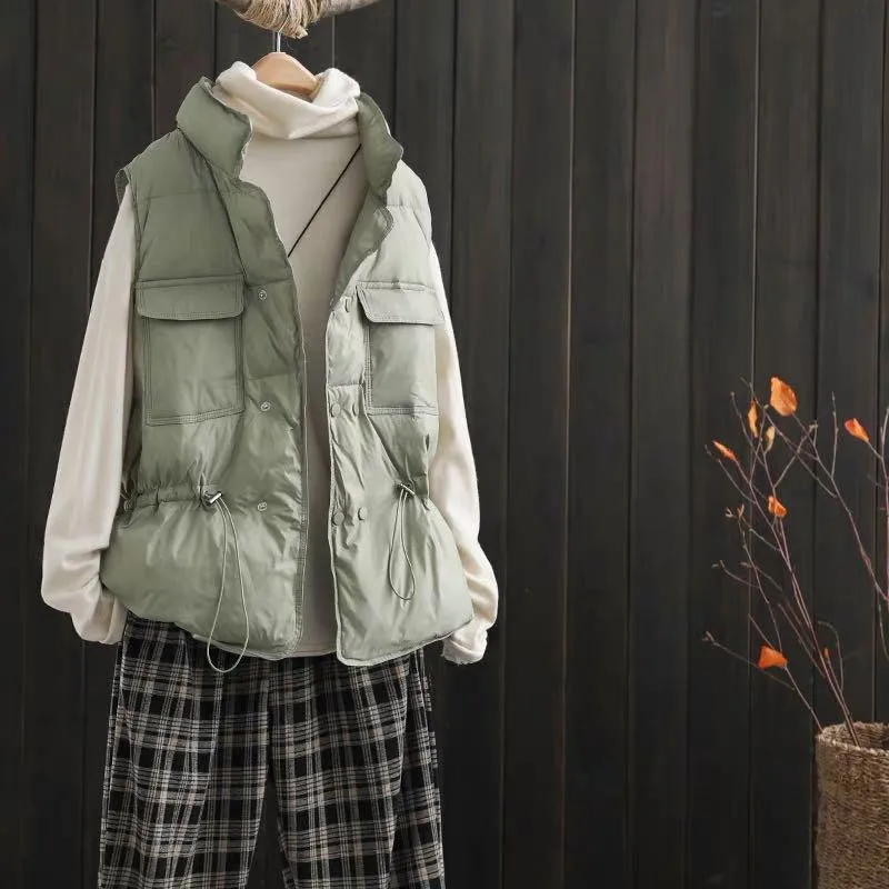 

Autumn Winter Oversize Down Waistcoat Jacket Women Drawstring Light White Duck Down Vest Parkas Ladies Sleeveless Warm Tank Coat