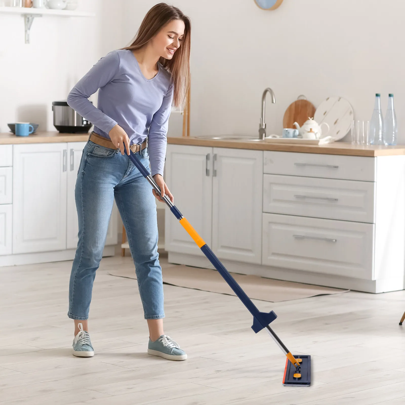 Large Flat Mop with 369 Degree Rotation Squeeze Water Scraper Comfortable Handle Cleaning Compartment for Home Floor Bathroom