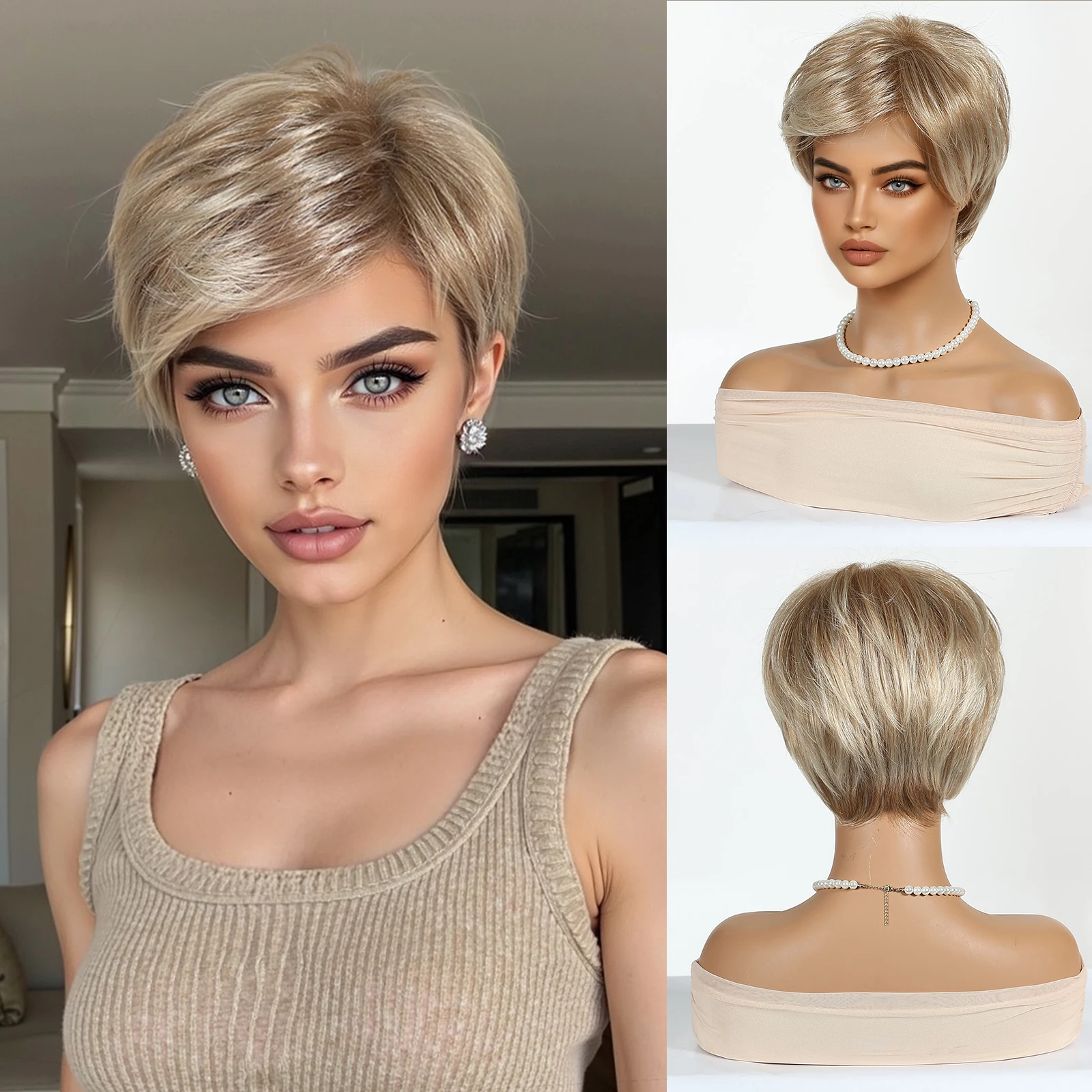 ALAN EATON Short Ombre Blonde Wigs for Women Pixie Cut Synthetic Wigs with Bangs for Black Women High Temperature Daily Hair