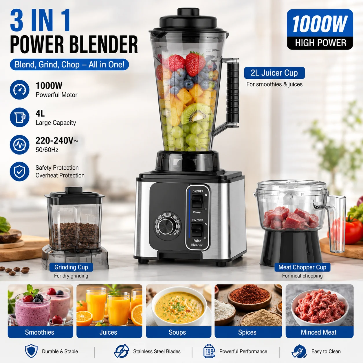 Blender 3 en 1, 4L, 1000W, robot culinaire, mixeur pour smoothies, hachoir à viande, moulin à café et à épices, appareil de cuisine 1