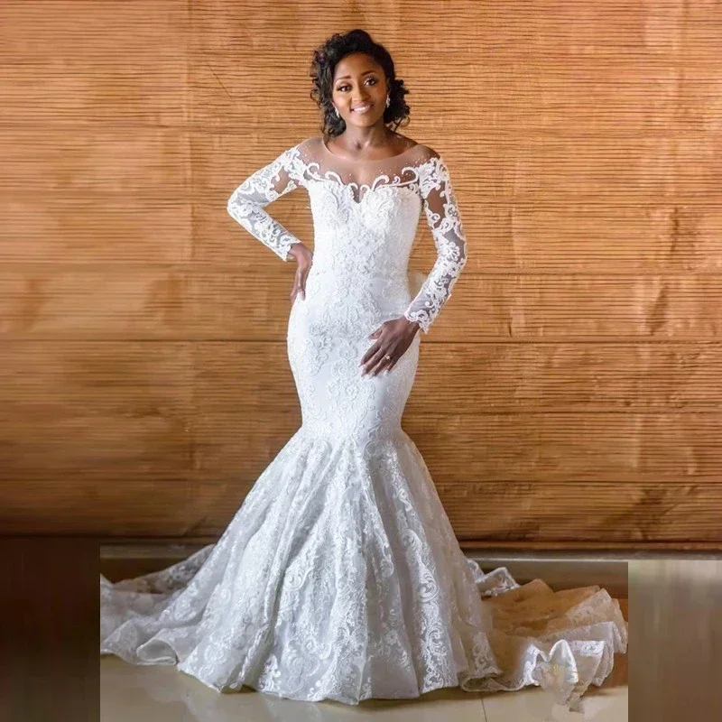 Customized South African Wedding Dresses  Scoop Long Sleeves Appliques Lace Bow Nigeria Vestido De Noiva Bridal Wedding Gown