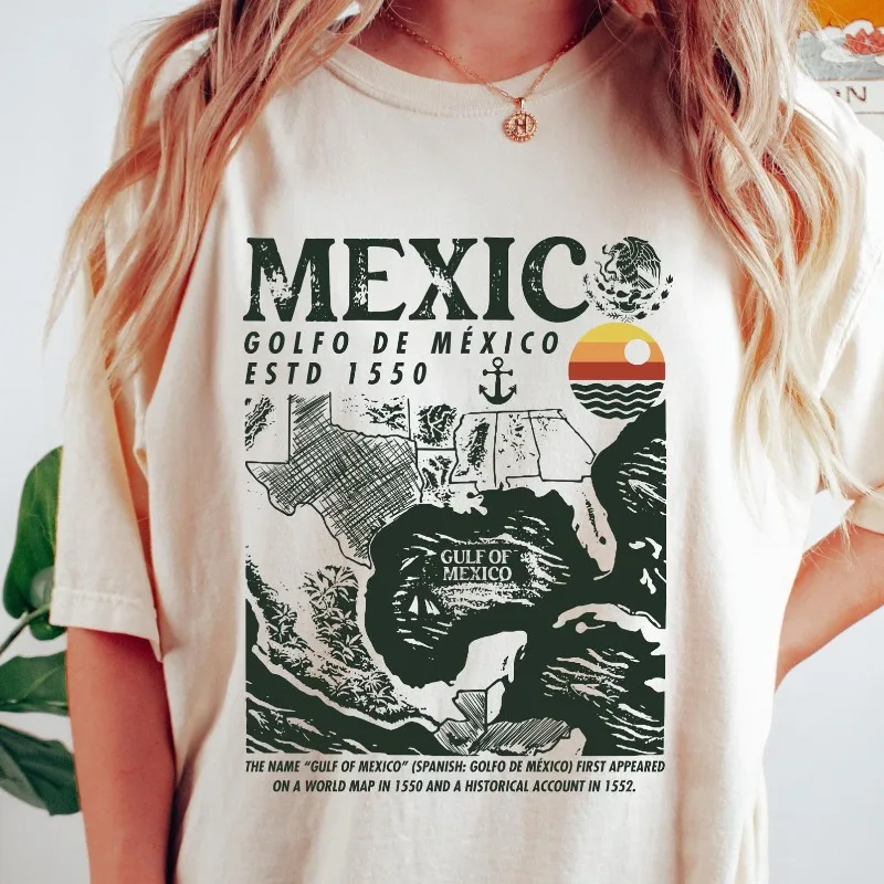 Retro Mexico Map T-shirt, Gulf of Mexico 1550 Theme T-shirt, Women's T-shirt, Summer New Retro Harajuku Style Casual T-shirt