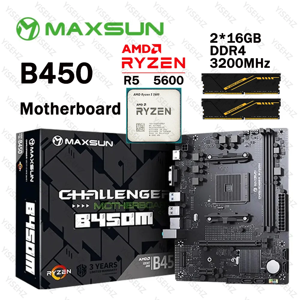 MAXSUN B450 Motherboard Set With AMD Ryzen 5 5600 CPU 2*16GB=32GB Dual-channel DDR4 Memory Support M.2 NVME AM4 B450M Mainboard