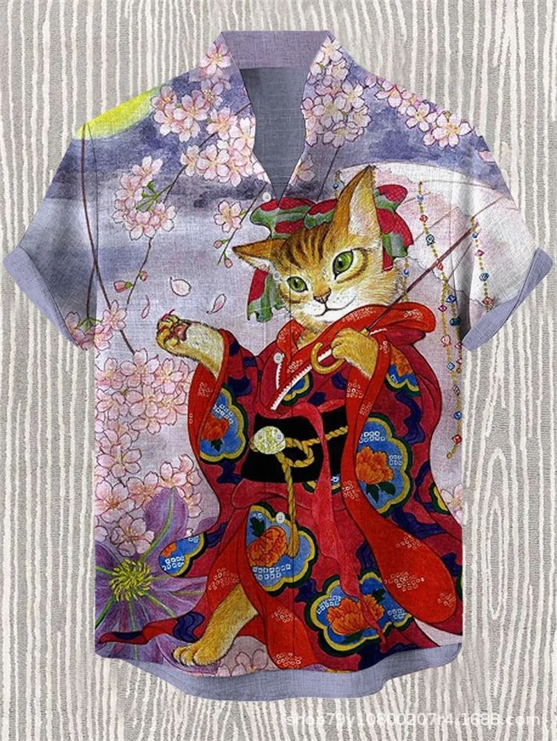

Свободная и модная мужская рубашка в стиле ретро, Лидер продаж 2024, с гавайской подкладкой и красивой кошкой, модная 3D-печать под цветами