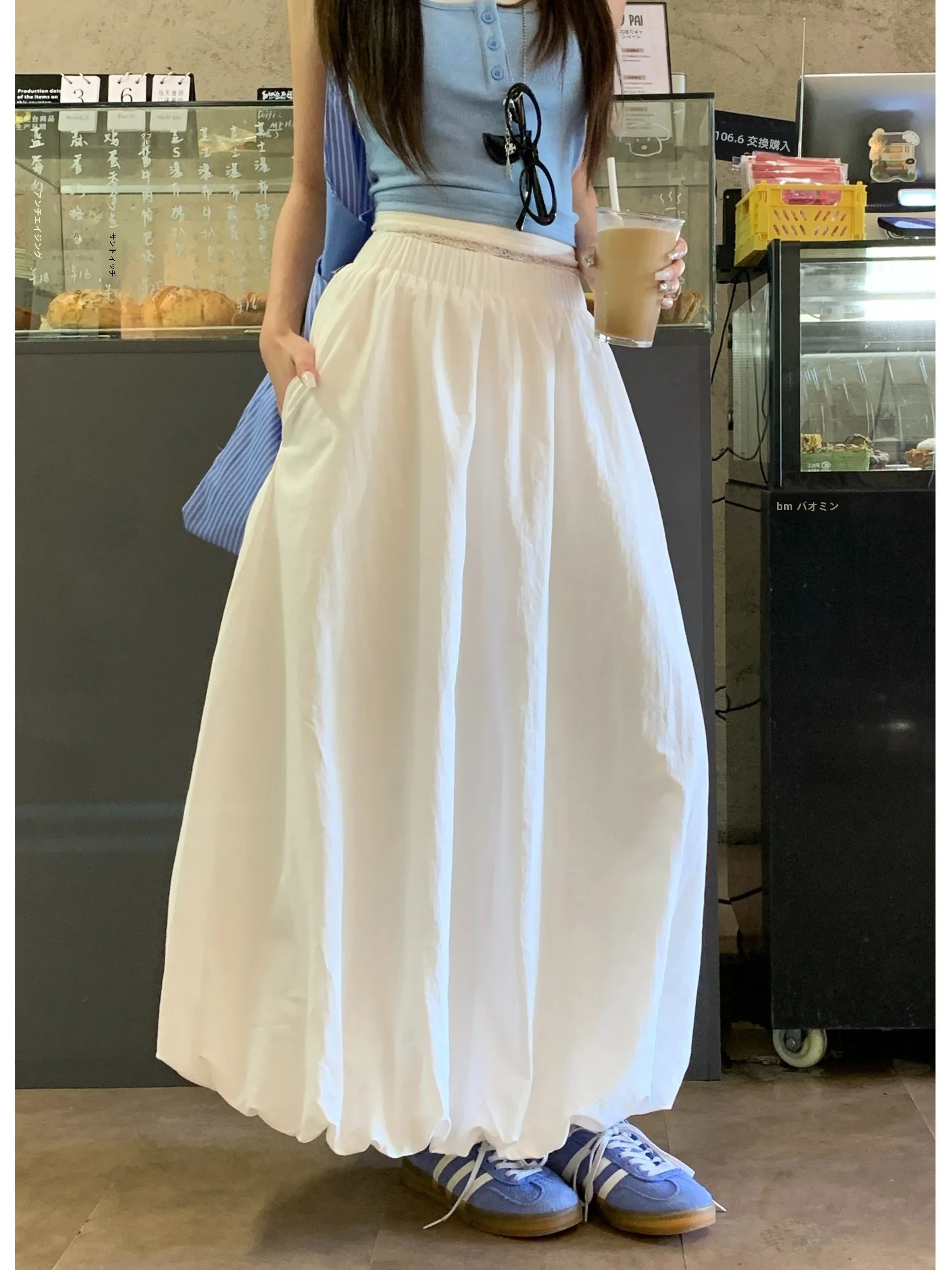 White Puffy Flower Bud Skirt Women's Summer New Elastic Waist Draped A-Line  Midi Skirt Small Size Umbrella Skirt