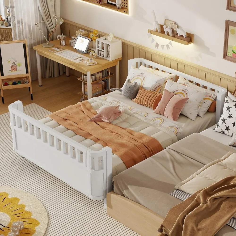 Tempat Tidur Kayu Ukuran Penuh Bergaya Montessori dengan Profil Rendah dan Rel Pengaman, Tempat Tidur Anak Hemat-Ruang untuk Anak Laki-Laki