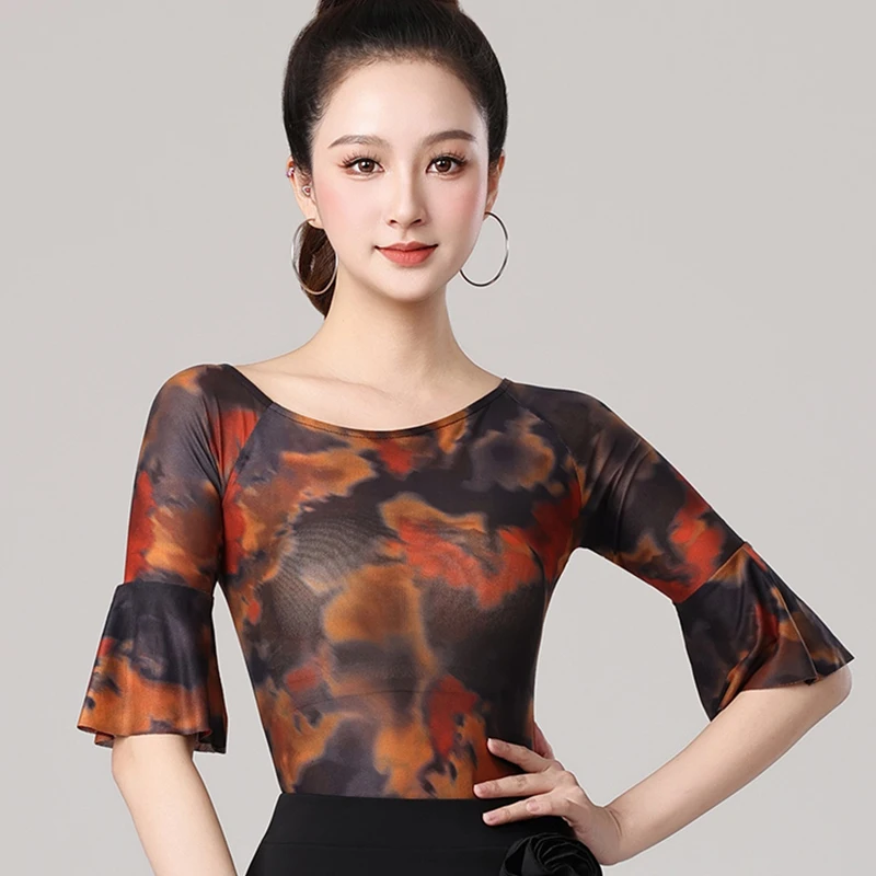 

2025 Latin Dance Top Women's National Standard Dance Print Short Sleeve Top Chacha Rumba Tango Modern Dance Costumes DQL10627