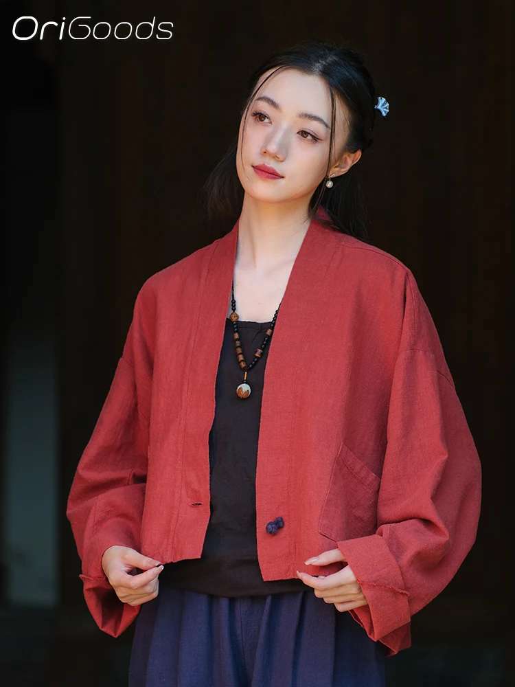 

OriGoods 2024 Spring New Coat Women Chinese style Designer style Short Coats Ramie Japan Kimono Niche Style Shirt Tops C015