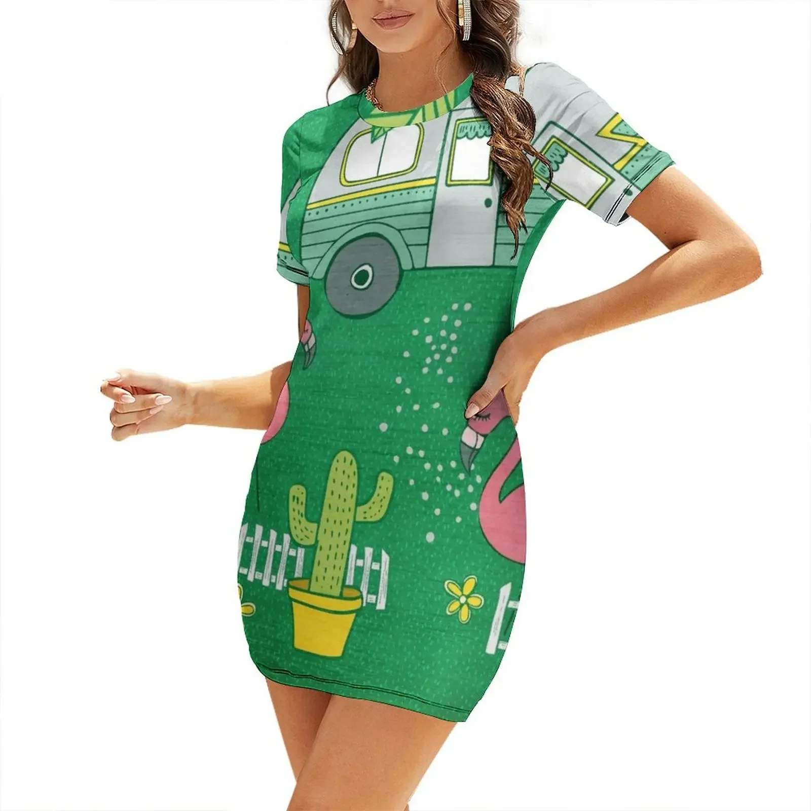 

Campsite Flamingos Short-Sleeved Dress Long dress Clothing female women's elegant loose dresses Dress
