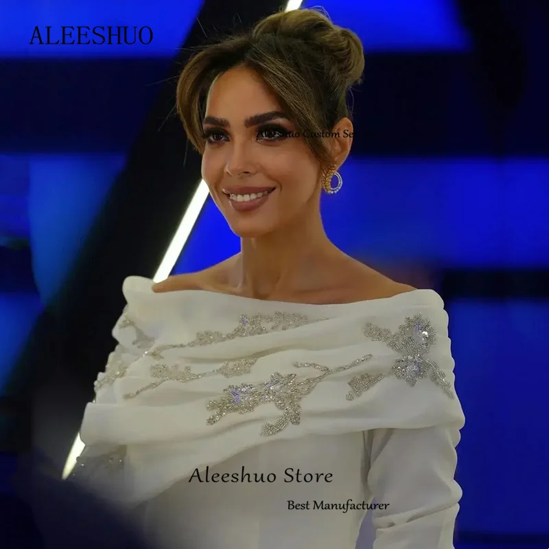 Aleeshuo-vestido de satén de Arabia Saudita para mujer, vestido de noche con apliques rectos, cuello Barco, Formal, manga larga, plisado, largo hasta el tobillo