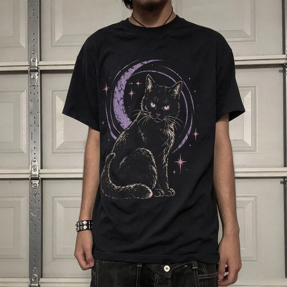 T-shirt with a kitten print, Y2K Harajuku style, retro millennial style, loose-fitting T-shirt suitable for both men and women