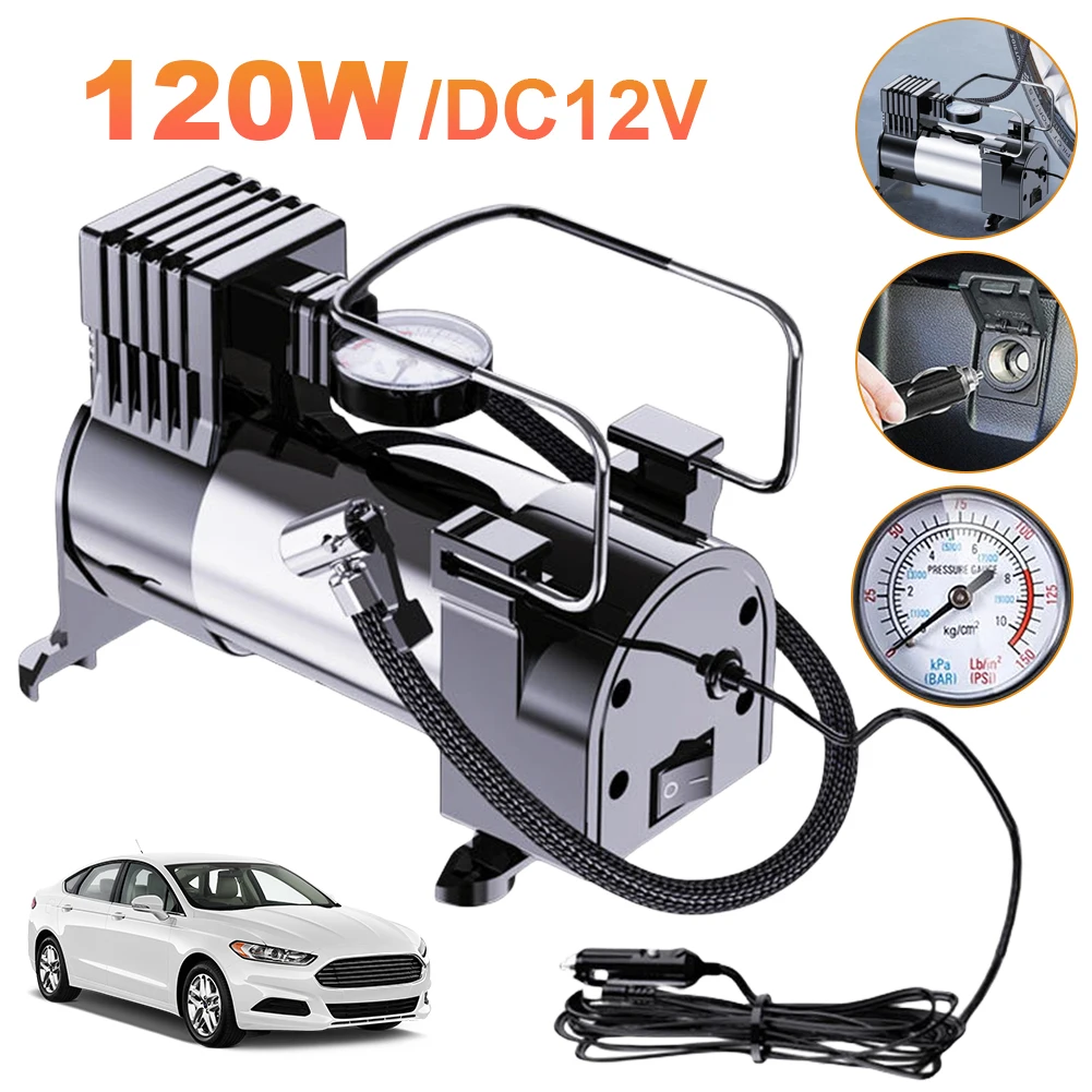 12V Car Tire Pump with Pressure Gauge Mini Air Compressor Cylinder Power System Heavy Duty Deluxe Portable Metal Air Compressor