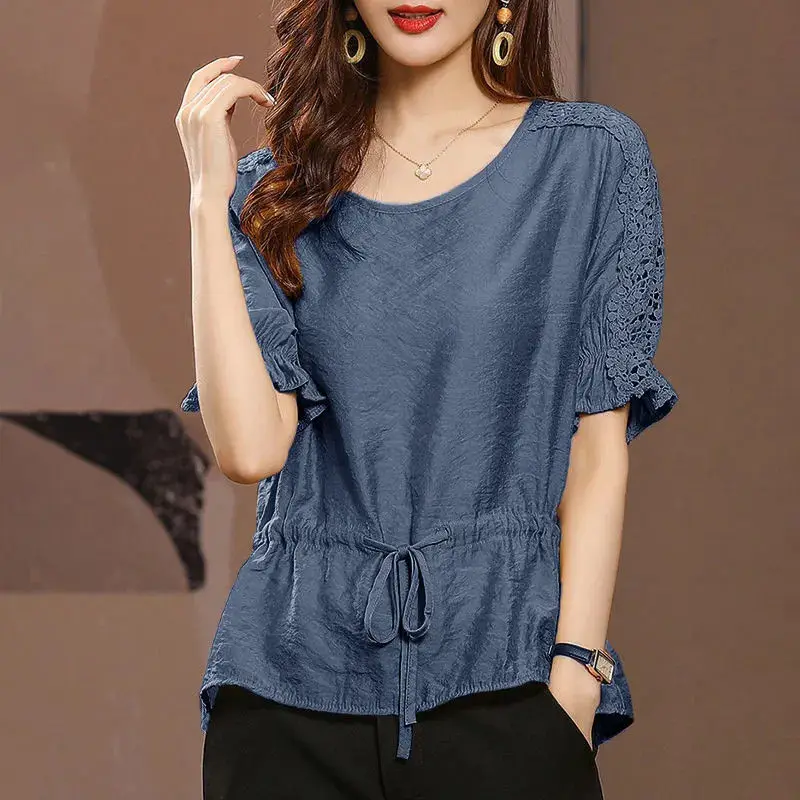 Elegant Lace Hollow Out Spliced O-Neck Bandage Flare Sleeve Loose Blouse Summer Casual Women\'s Clothing Plus Size Commute Shirt