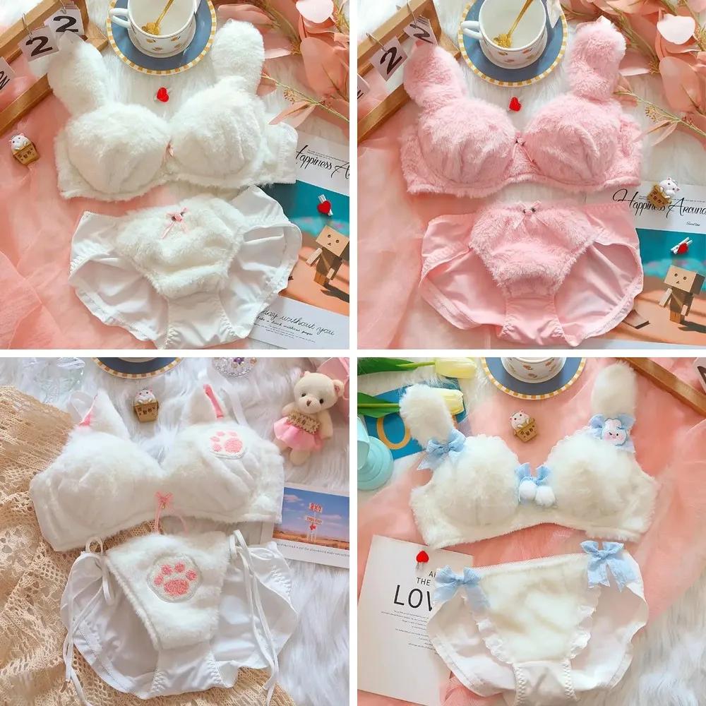 

Cute Cat Plush Bra & Panty Set for Teen Girls, No Steel Ring, Warm Comfortable Lingerie