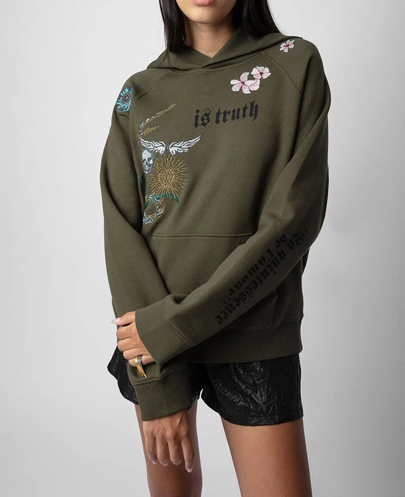 Skull Snake Wings Flower Embroidery Hoodie Sweatshirt For Women Raglan Sleeve Back Butterfly Leopard Embroidered Army Green Top