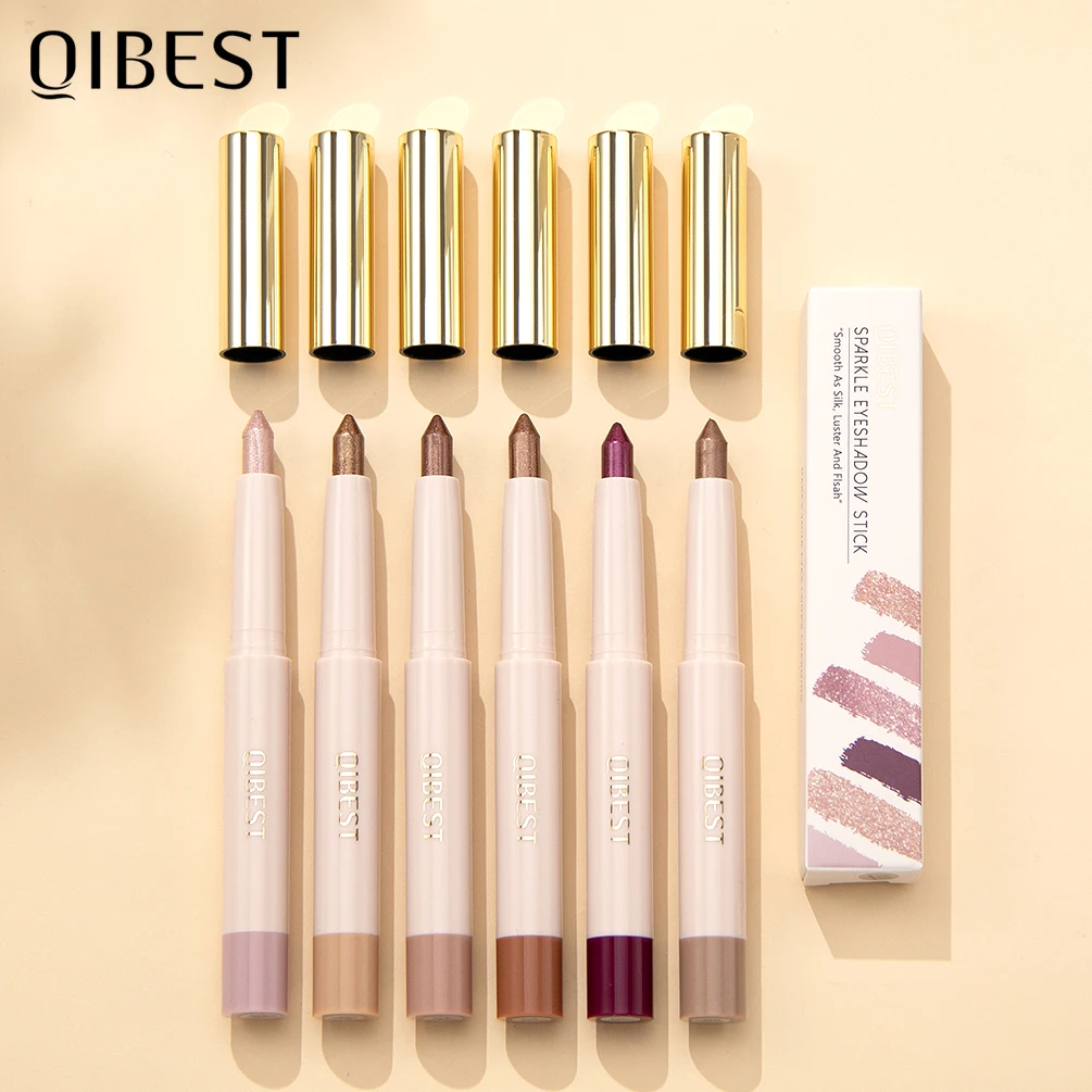 QIBEST Glitter Eyeshadow Stick Long Lasting Eye Shadow Pencil Makeup Shimmer Eyeshadow Highlighter Pen Brighten Lying Silkworm