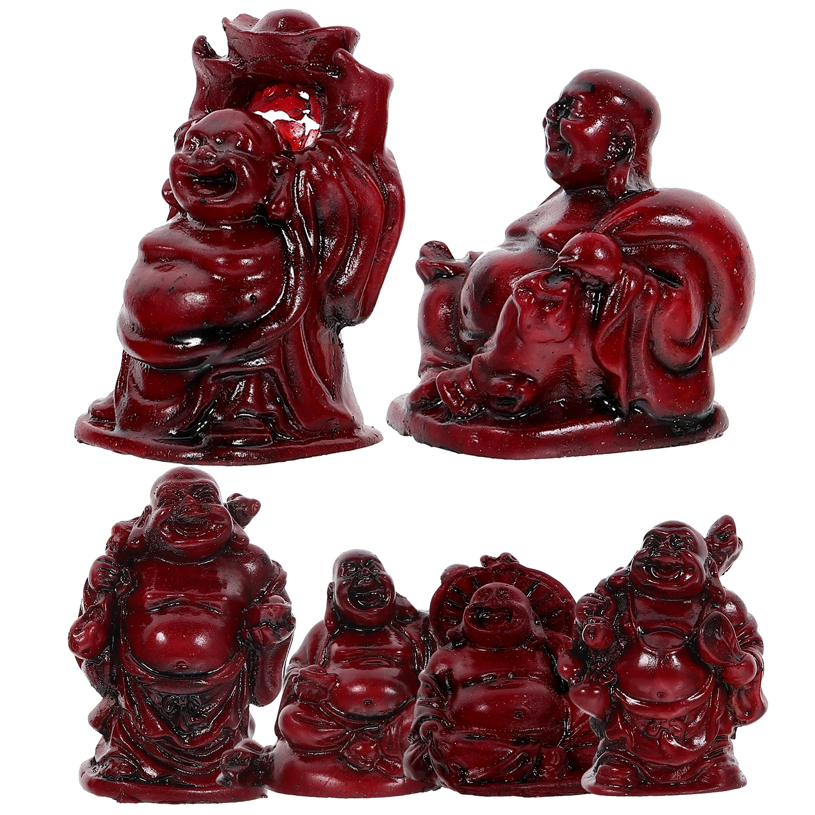 

6pcs Mini Maitreya Buddha Resin Statues Red Desktop Decorations Artware Adornments Auspicious Crafts Elegant Office Accessories