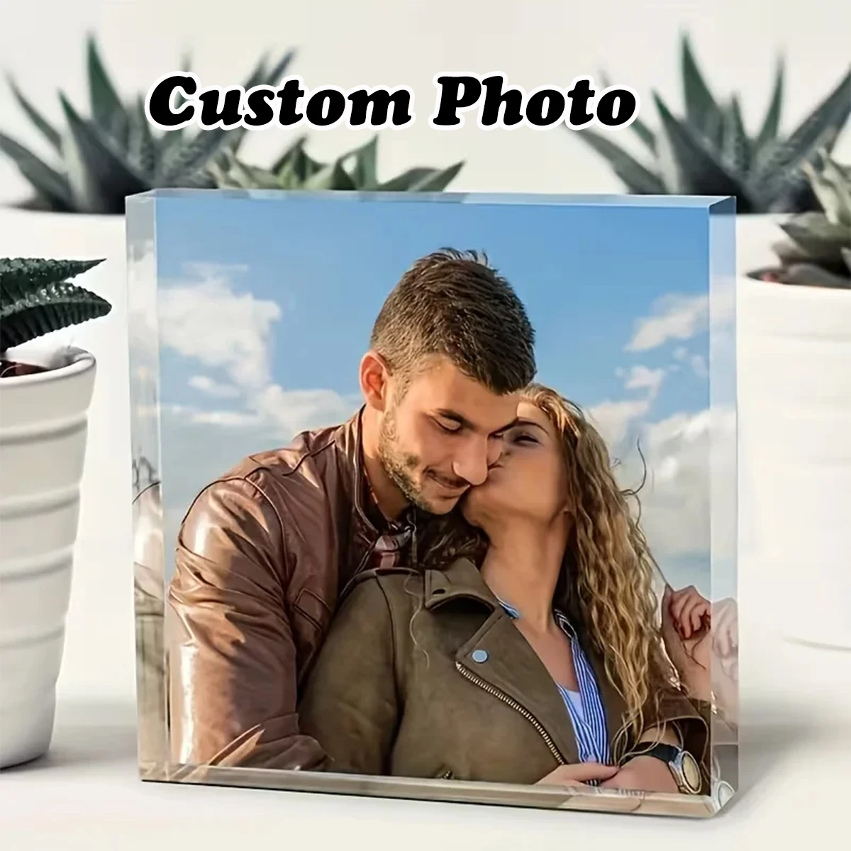 Custom Photo Square Acrylic Block，Personalized Clear Picture Plaque Photo Desktop Ornament Wedding Anniversary Couple Keepsake