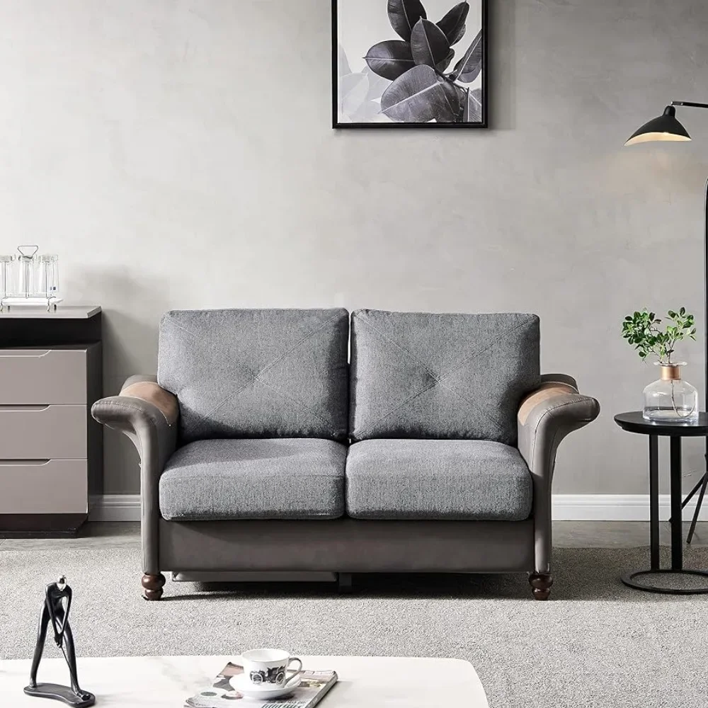 Sillón moderno de uso general de piel sintética con madera, tela de lino tapizada, sofá con patas anchas de madera, gris oscuro