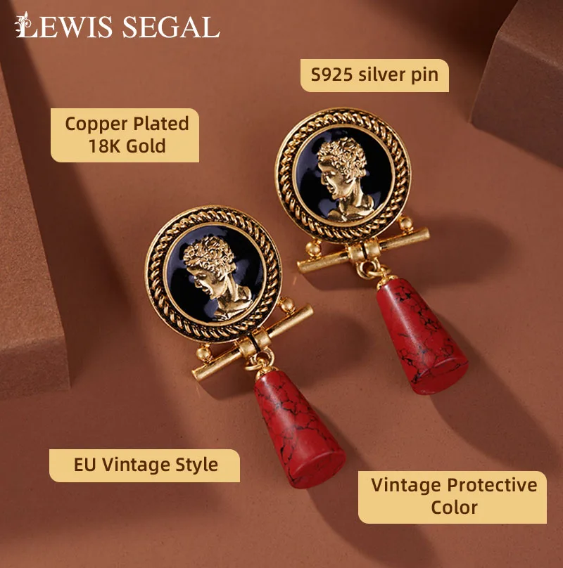 LEWIS SEGAL-pendientes de gota de oro de 18K para mujer y niña, aretes medievales, retrato Vintage, turquesa roja, joyería fina, regalo de boda