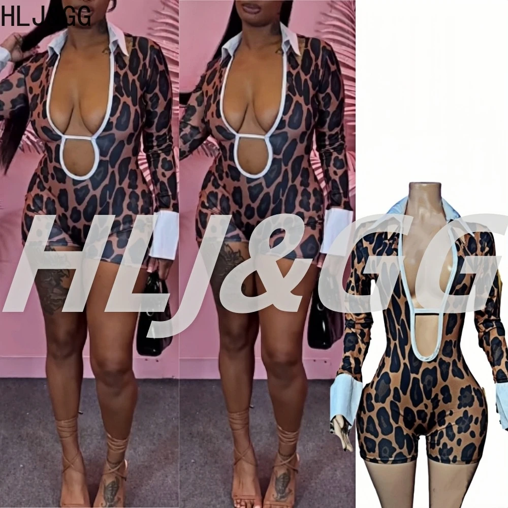 

HLJ Sexy Leopard Printing Hollow Bodycon Rompers Women Lapel Long Sleeve Patchwork Jumpsuits Fashion Patchwork Slim Overall 2025