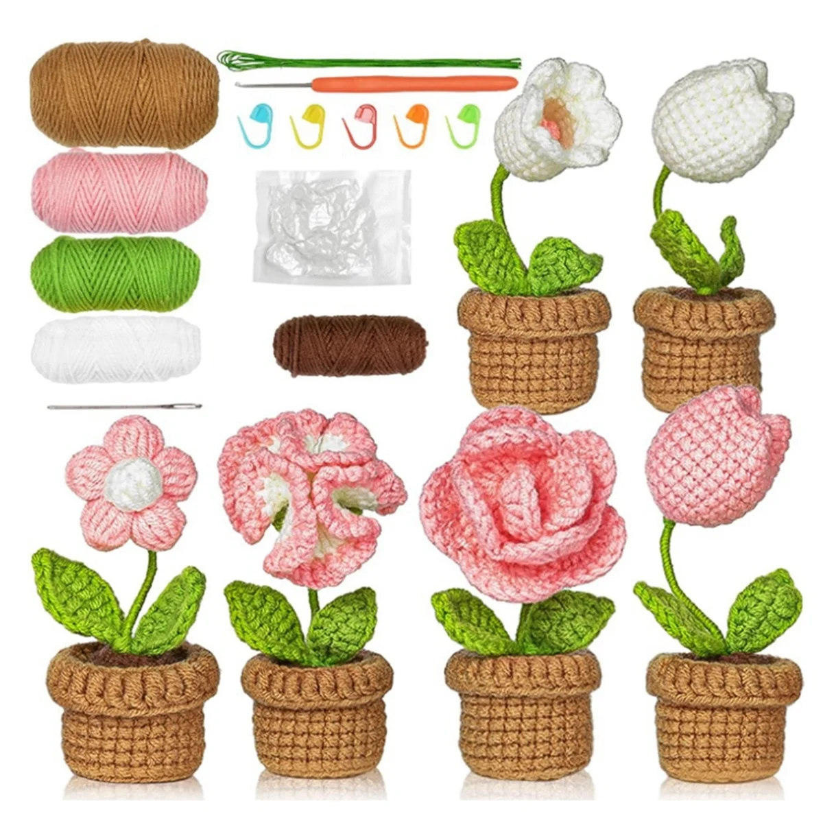 Beginner Crochet Kit-6 Pcs Easy Crochet Flower for Adult with Step By Step Video Tutorial Potted Plants for Home Decor