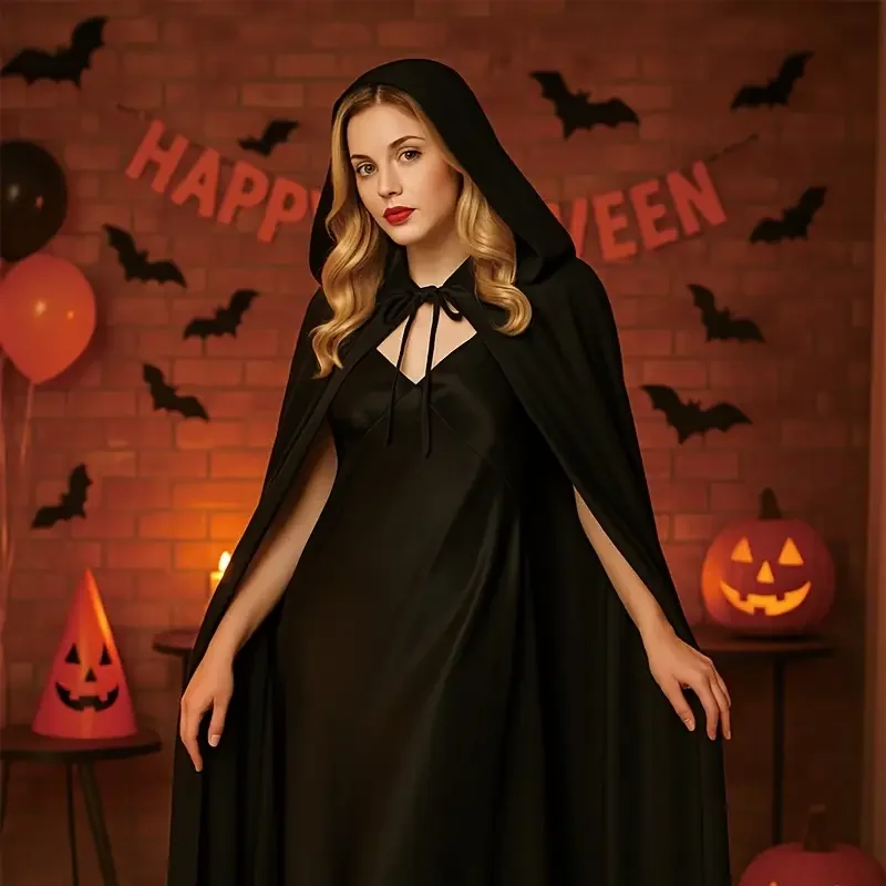 Halloween Cloak Cape Costume Black Wizard Robe Grim Reaper Cosplay Outfit for Adults Kids Party Stage Performance Decoration
