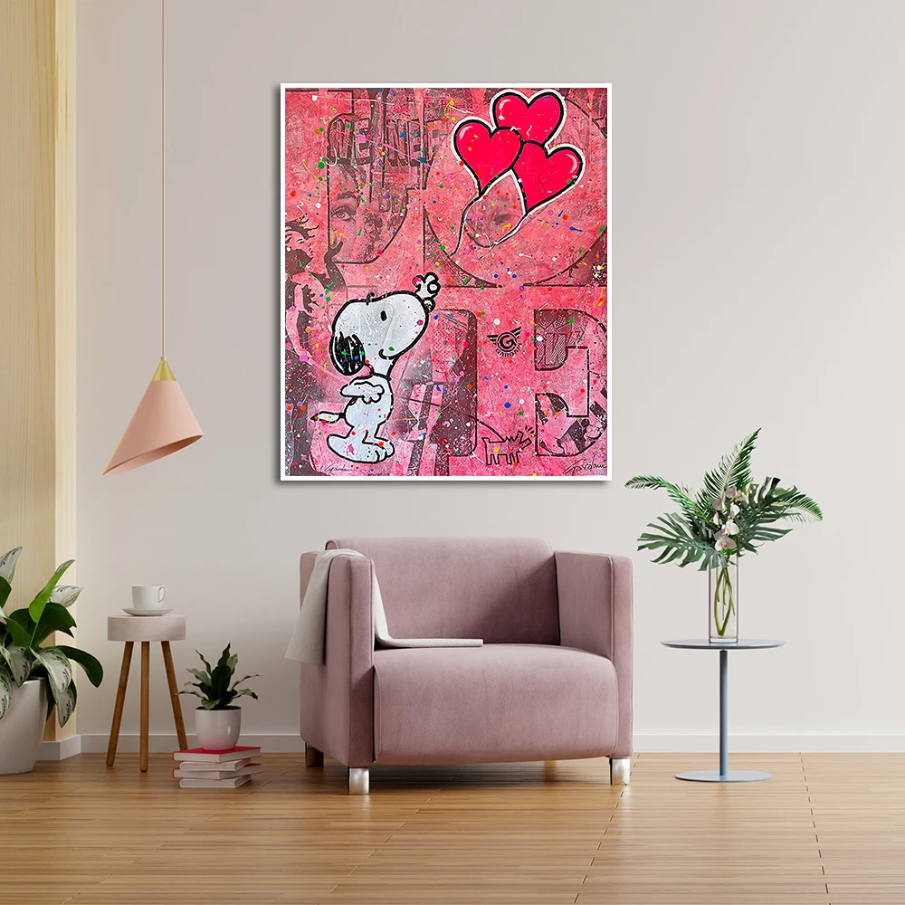 Love Snoopy Heart Shaped Balloon Graffiti Painting Modern Wall Art Canvas Poster Print Pink Picture for Room Home Decor Cuadros